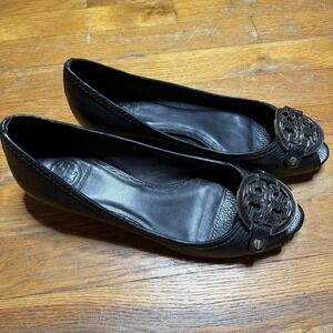 Tory Burch Pebbled Leather Wedge Pumps Women's 9.5 M Black Open Toe Ballet Shoes